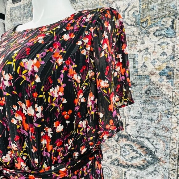 Lane Bryant Maxi Dress Size 26 Black Floral Metallic Shimmer Elastic Waist - Picture 6 of 16